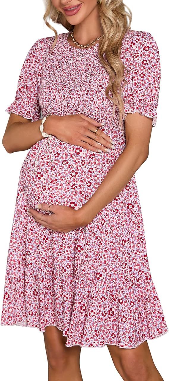 KOJOOIN Maternity Dress Summer Women Smocked Crew Neck Puff Sleeve Pregnancy Baby Shower Photosho... | Amazon (US)