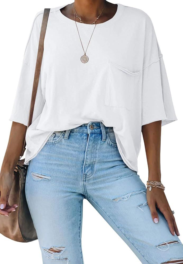 Kathemoi Womens Crewneck Half Sleeve T Shirt Oversized Casual Summer Pullover Blouse Tops with Po... | Amazon (US)