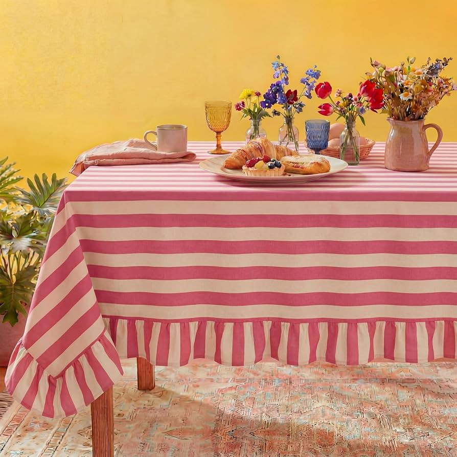 Tudomro 1 Pcs Ruffle Edge Striped Tablecloth, 84'' x 60'' Scalloped Table Cover, Farmhouse Linen ... | Amazon (US)