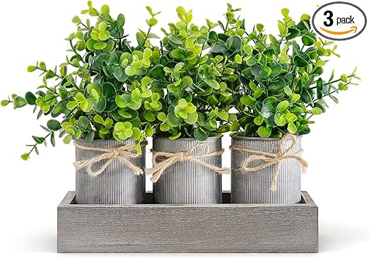 Dahey Decorative Galvanized Metal Pots Centerpiece Decor Wood Tray with Artificial Eucalyptus, 3 ... | Amazon (US)