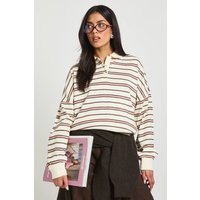 boohoo Women's Knitted Stripe Rugby Polo Top in Cream | Size: Medium | Boohoo.com (UK & IE)