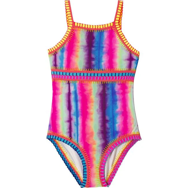 PQ Swim | Tie Dye Rainbow Embroidered High Neck One Piece (Multicolor, Size 6) | Maisonette | Maisonette