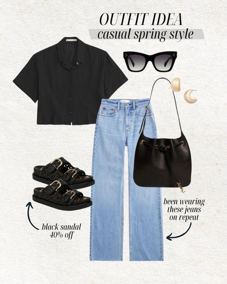 Casual spring outfit idea 🖤 I’ve been loving these black sandals and they’re 40% off!  Been wearing these jeans on repeat - obsessed. So comfy & flattering!

Spring outfit, casual outfit, mom outfit, Abercrombie, sam Edelman sale, black slides, ysl bucket tote, Celine sunglasses, Christine Andrew 

#LTKstyletip #LTKfindsunder100 #LTKsalealert
