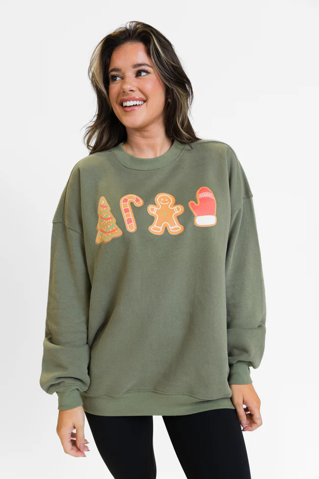 Christmas Cookie Icons Olive Oversized Graphic Sweatshirt | Pink Lily