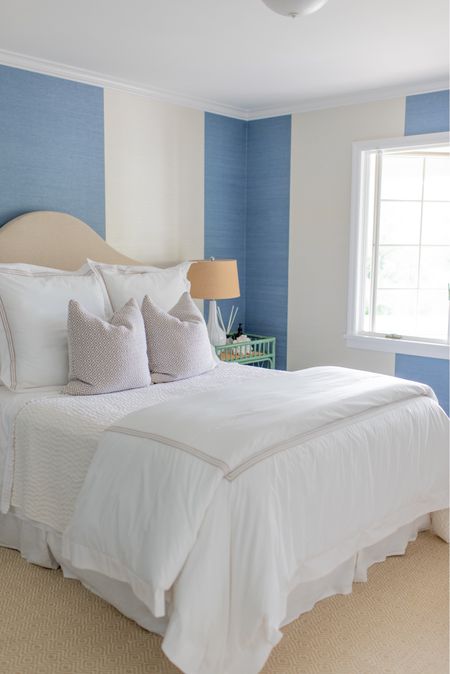 Coastal guest bedroom featuring hotel quality sheets and the most beautiful grasscloth wallpaper. 
This white duvet cover with striped details adds a level of luxury to this guest suite. Shop my exact sheets, duvet cover, and lamps here!! 

#LTKhome