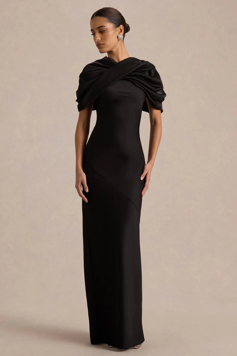 Yoli  Black Satin Maxi Dress With Removable Twist-Cape | Club L London