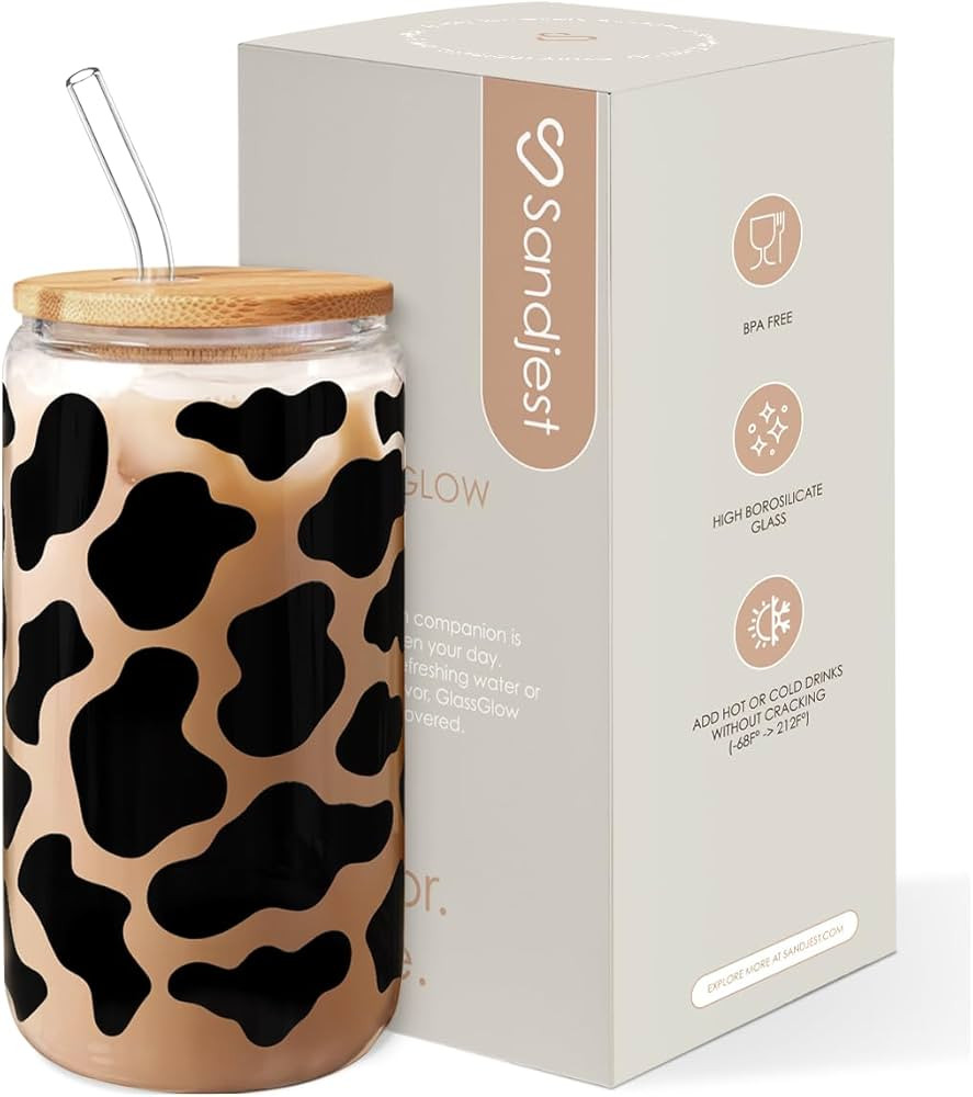 SANDJEST Cow Glass Bottle, Cow Prints Glass Cup with Lid & Straw, Iced Coffee Aesthetic Glass Can... | Amazon (US)