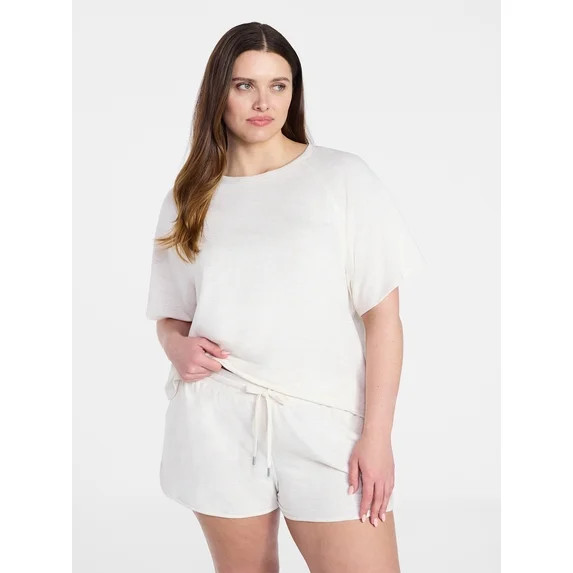 Joyspun Women's French Terry Lounge Sleep Short Sleeve Top and Shorts Set, 2-Piece, Sizes XS-3X | Walmart (US)