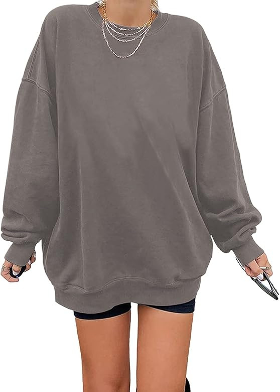 Women's Oversized Long Sleeve Sweatshirts Pure Color Round Neck Casual Pullover Shirt | Amazon (US)
