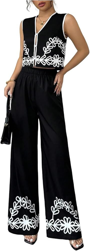 GORGLITTER Women's Wide Leg Pant Set Summer Sleeveless V Neck Vest Top and Long Pants Business Ca... | Amazon (US)