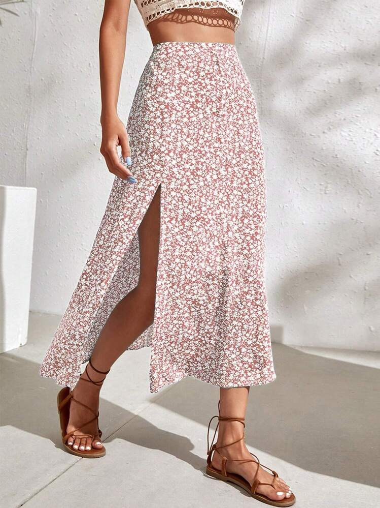 SHEIN Holidaya Ditsy Floral Split Thigh Skirt Maxi Vacation Beach Outfits Women | SHEIN