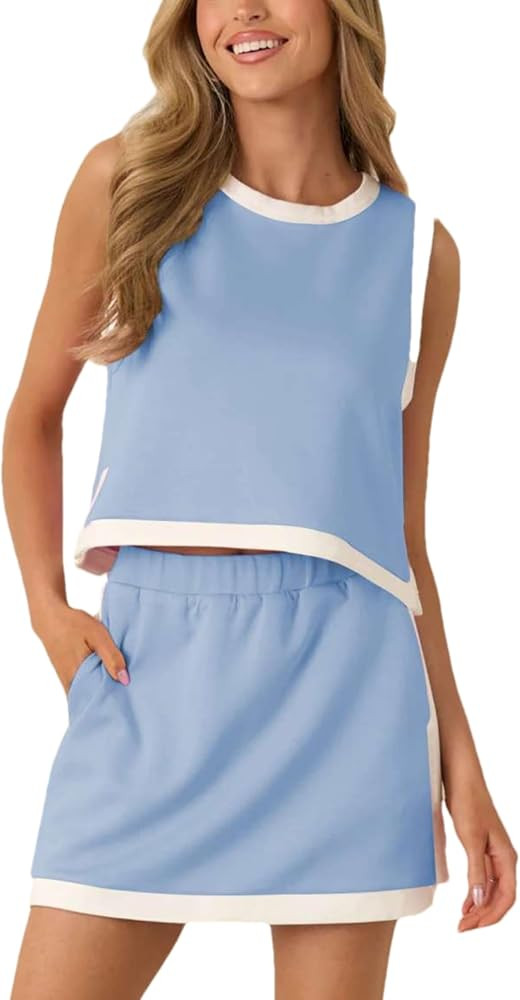 Womens Summer 2 Piece Skort Set Color Blocked Sleeveless Tank Top Elastic Waist Skirt Casual Outf... | Amazon (US)