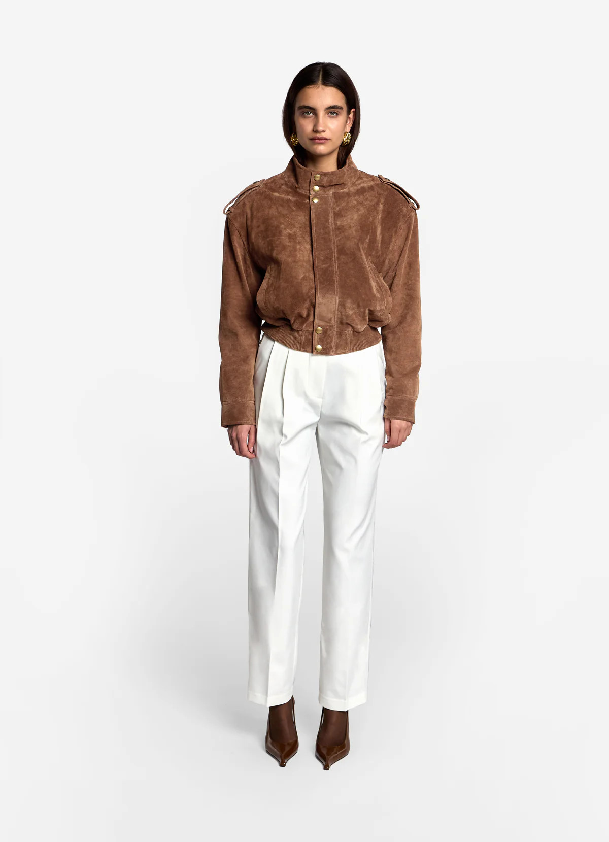Mocha Suede Cropped Bomber Jacket | DE SAVARY LONDON