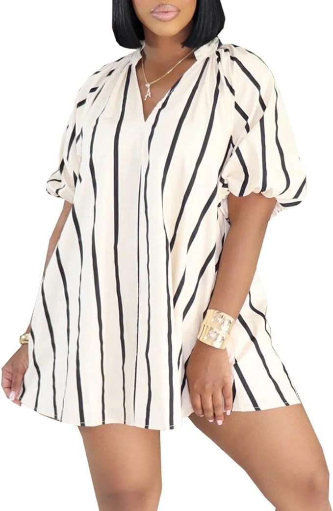 Puff Sleeve Shift Dress for Women - Summer Striped Tunic A Line Sundresses Beach Dresses Vacation... | Amazon (US)