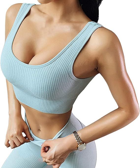 Jetjoy Exercise Outfits for Women 2 Pieces Ribbed Seamless Yoga Outfits Sports Bra and Leggings S... | Amazon (US)