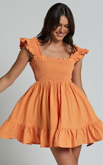 Brynlee Mini Dress - Elastic Chest Flutter Sleeve Hem Dress in Mandarin | Showpo (ANZ)