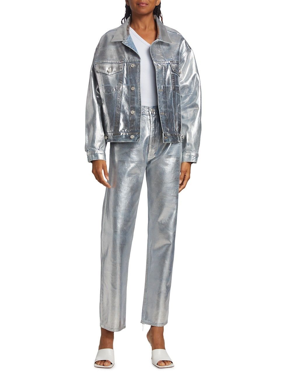 90s Pinch-Waist High-Rise Metallic Straight-Leg Jeans | Saks Fifth Avenue