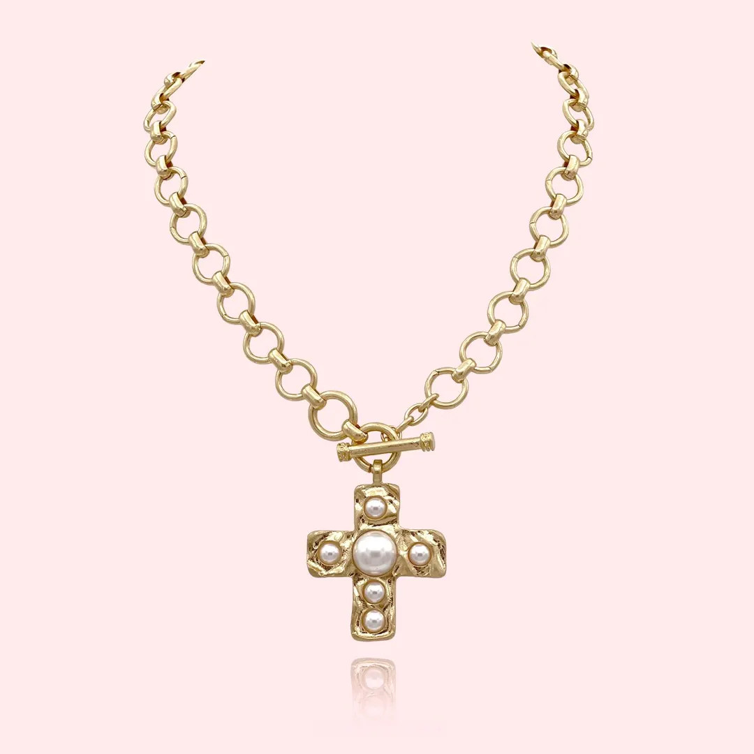 Maison Hammered Bold Cross With Faux Pearl Necklace Thick Chain Set, Chunky Gold Statement Pendan... | Etsy (US)