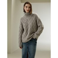LILYSILK Cable-Knit Cashmere Turtleneck Sweater - Camel Gray - S | LilySilk