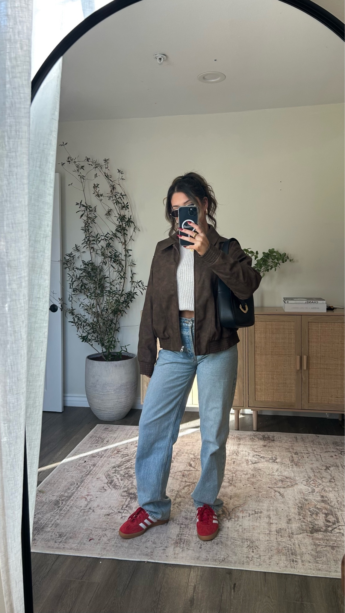 Adidas red gazelle outfit 
brown leather jacket and jeans sold out but linking similar options ❤️

#LTKstyletip