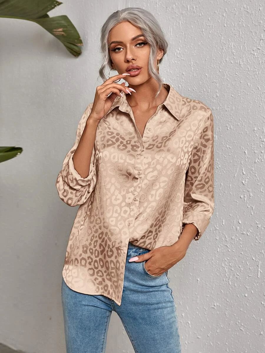 SHEIN Leopard Jacquard Satin Blouse | SHEIN