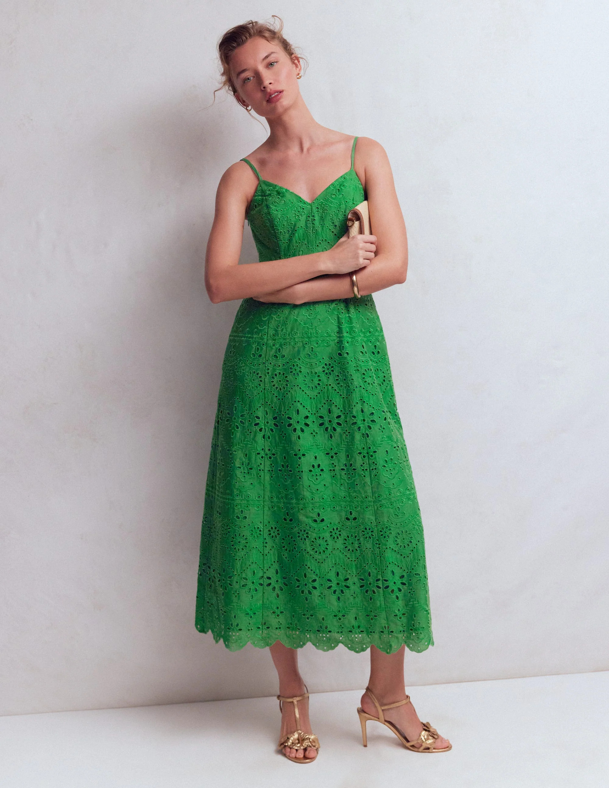 Empire Linen Broderie Dress-Rich Emerald Broderie | Boden (US)