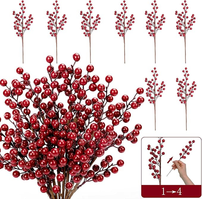 HOHOTIME Christmas Holly Berry Stem Ornaments, 8 Large Branches/32 Small Branches Artificial Berr... | Amazon (US)