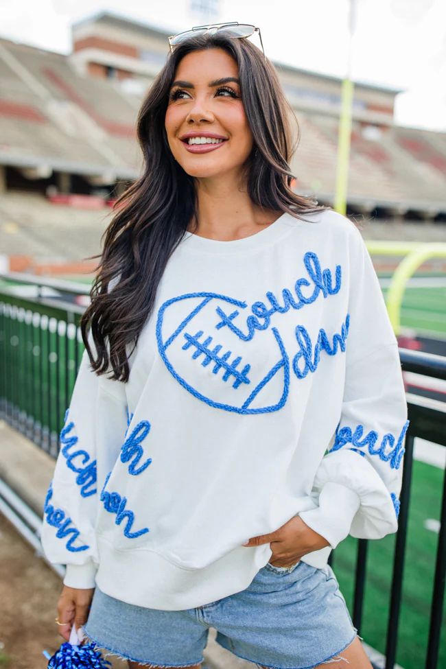 Let's Get A Touchdown White And Blue Stitched Sweatshirt | Pink Lily