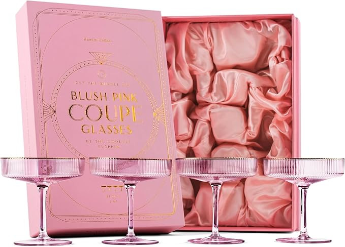GLASSIQUE CADEAU Vintage Art Deco Blush Pink Coupe Glasses with Gold Rims | Set of 4 | 7 oz Cryst... | Amazon (US)