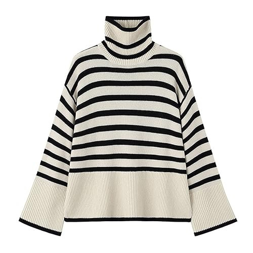 Women's Winter Sweaters Casual Turtleneck Long Sleeve Striped Side Slit Loose Pullover Batwing Sleeve Oversized Sweater Jumper Tops (White) | Amazon (US)