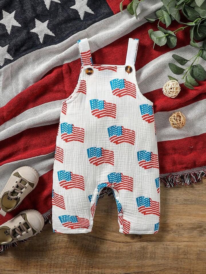 Baby Boy Summer Casual American Flag Printed Jumpsuit With Suspenders, Simple Style | SHEIN