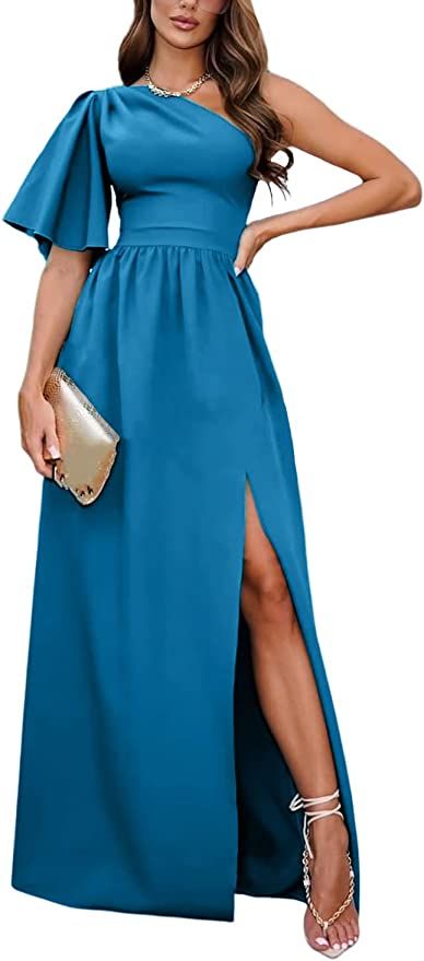 Rooscier Women's One Shoulder Ruffle Short Sleeve Split Side Party Long Maxi Dress Blue Medium at... | Amazon (US)