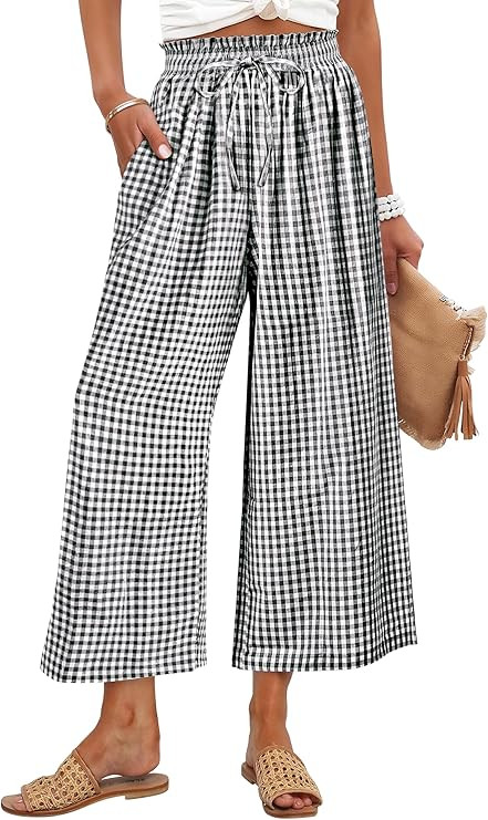 ANRABESS Womens Striped Gingham Palazzo Capri Pants Pajama Wide Leg Lounge Trousers Plaid Cute Cr... | Amazon (US)