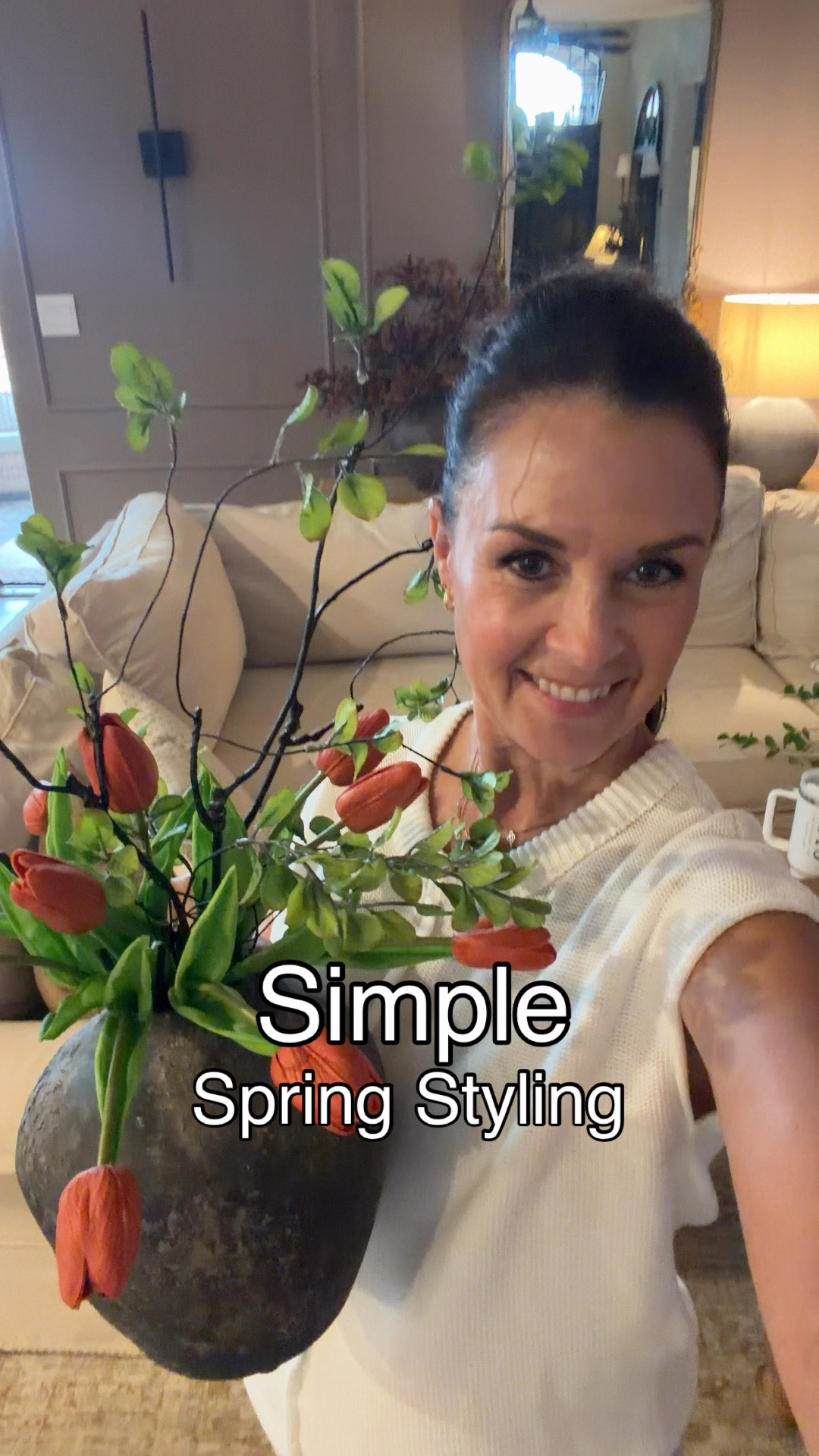 Easy Spring arrangement styling , round tray, faux tulips, greenery stems, Easter decor, moss bunnies 

#LTKHome #LTKSpringSale #LTKSeasonal