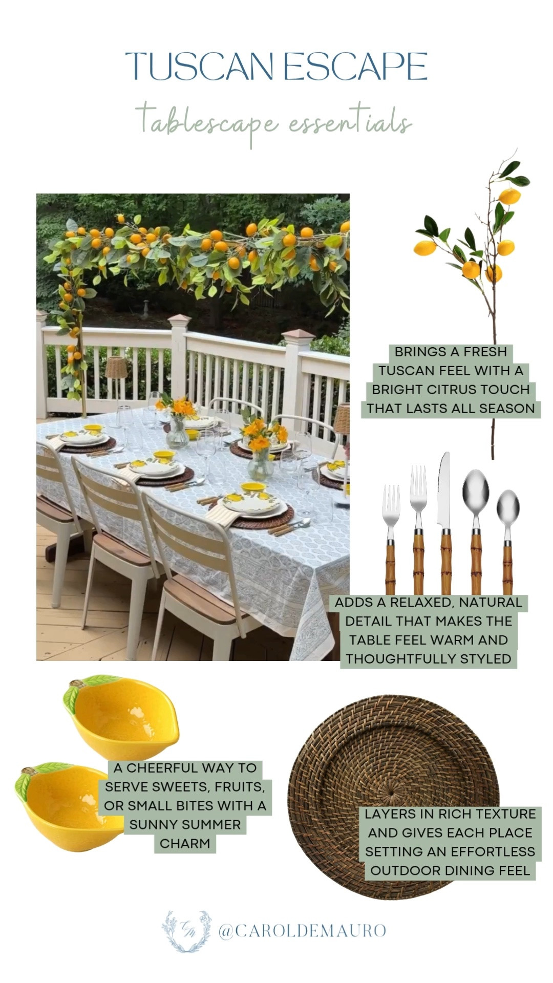 tuscan inspired, tablescape essentials, summer hosting, outdoor dinner, lemon themed, faux lemon branch, lemon bowls, woven charger plates, bamboo handle utensils

#LTKHome