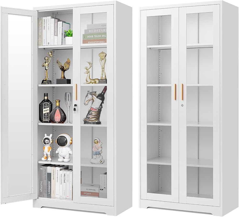 Display Cabinet with Glass Doors, 71'' Tall Curio Cabinets with Lock, Metal Glass Display Case fo... | Amazon (US)