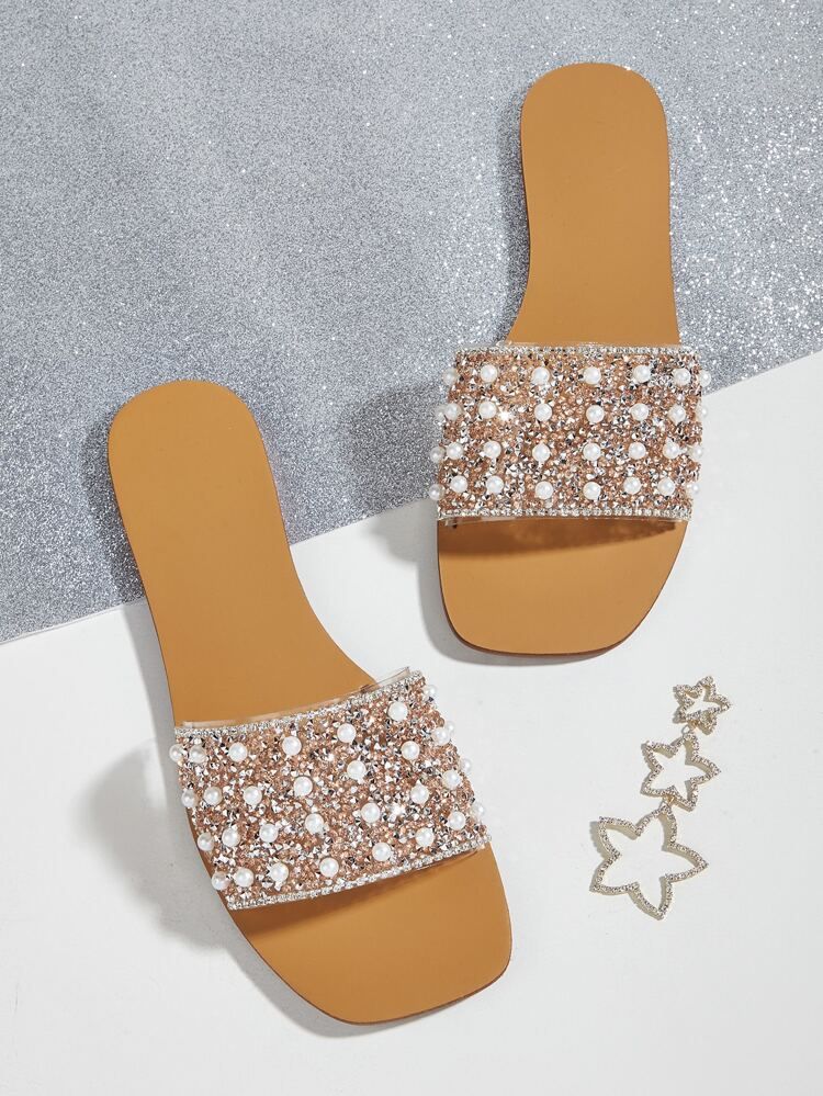 Rhinestone & Faux Pearl Decor Slide Sandals | SHEIN