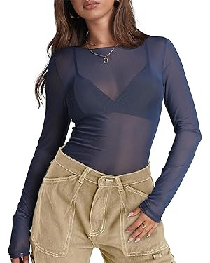 WIHOLL Womens Mesh Sheer Tops Sexy Crew Neck Summer Loose FIt Party Clubwear Shirts | Amazon (US)