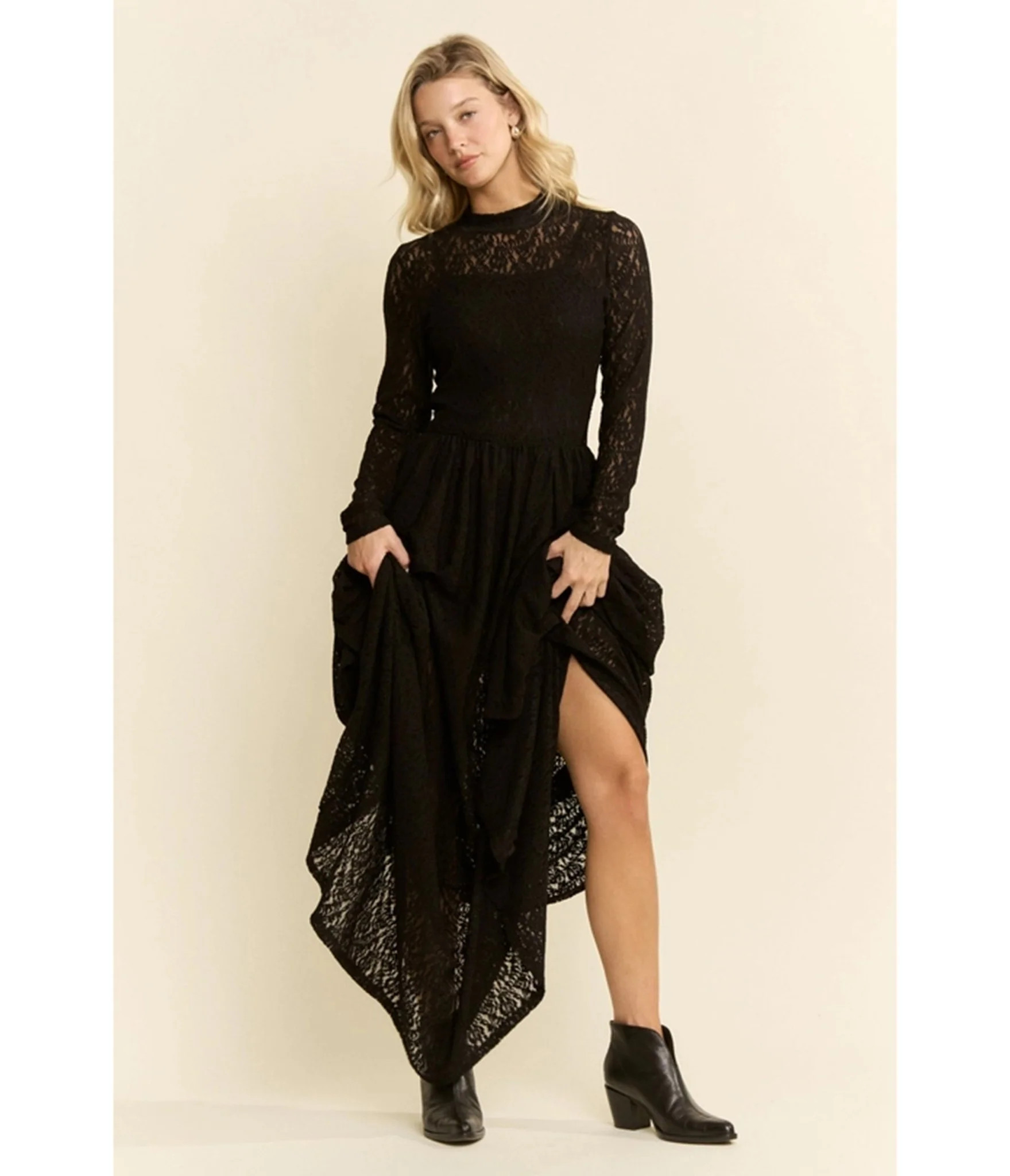 Black Lace Long Sleeve Maxi Dress | Unique Vintage - North America
