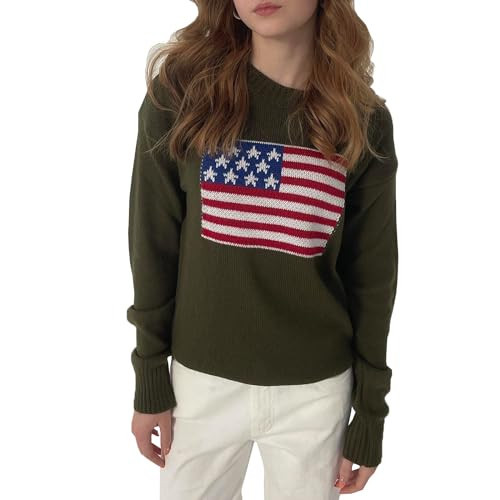 Mxiqqpltky Womens American Flag Sweater Casual Long Sleeve Crew Neck Jumper Top Fashion Pattern Loose Fit Pullover Knitwear(Green,Small) | Amazon (US)