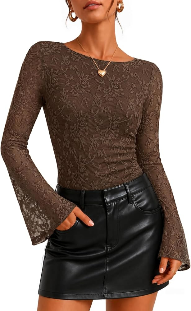ZESICA Women's Floral Lace Long Sleeve Boat Neck Going Out Tops | Amazon (US)