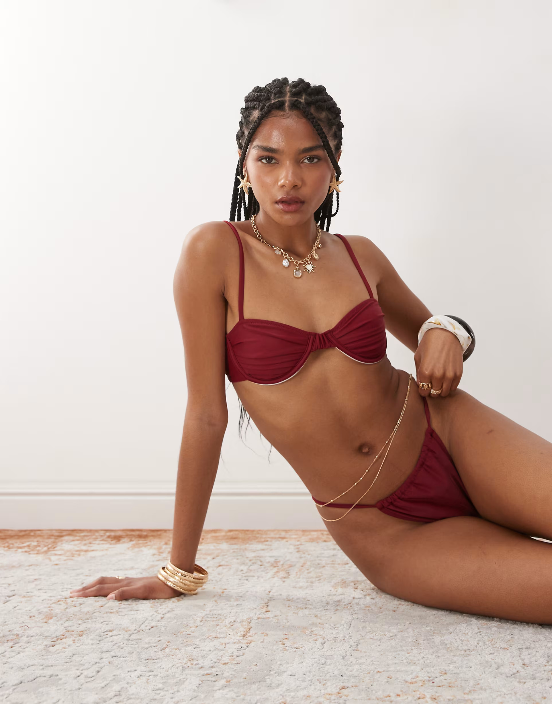 Miss Selfridge mix and match  ruched cup skinny strap bikini top in burgundy | ASOS (Global)