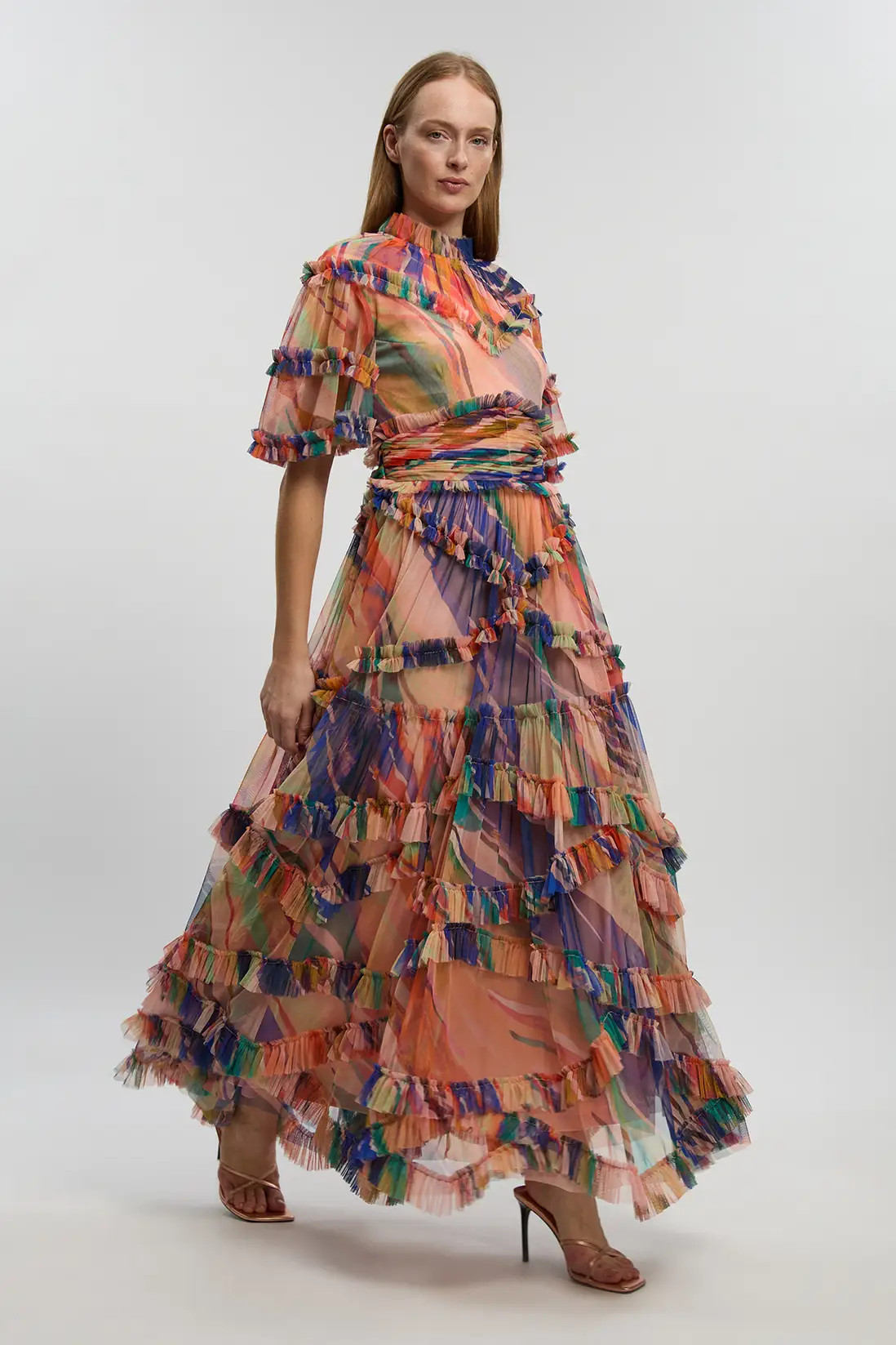 Marble Print Tulle Ruffle Detail Woven Maxi Dress | Karen Millen