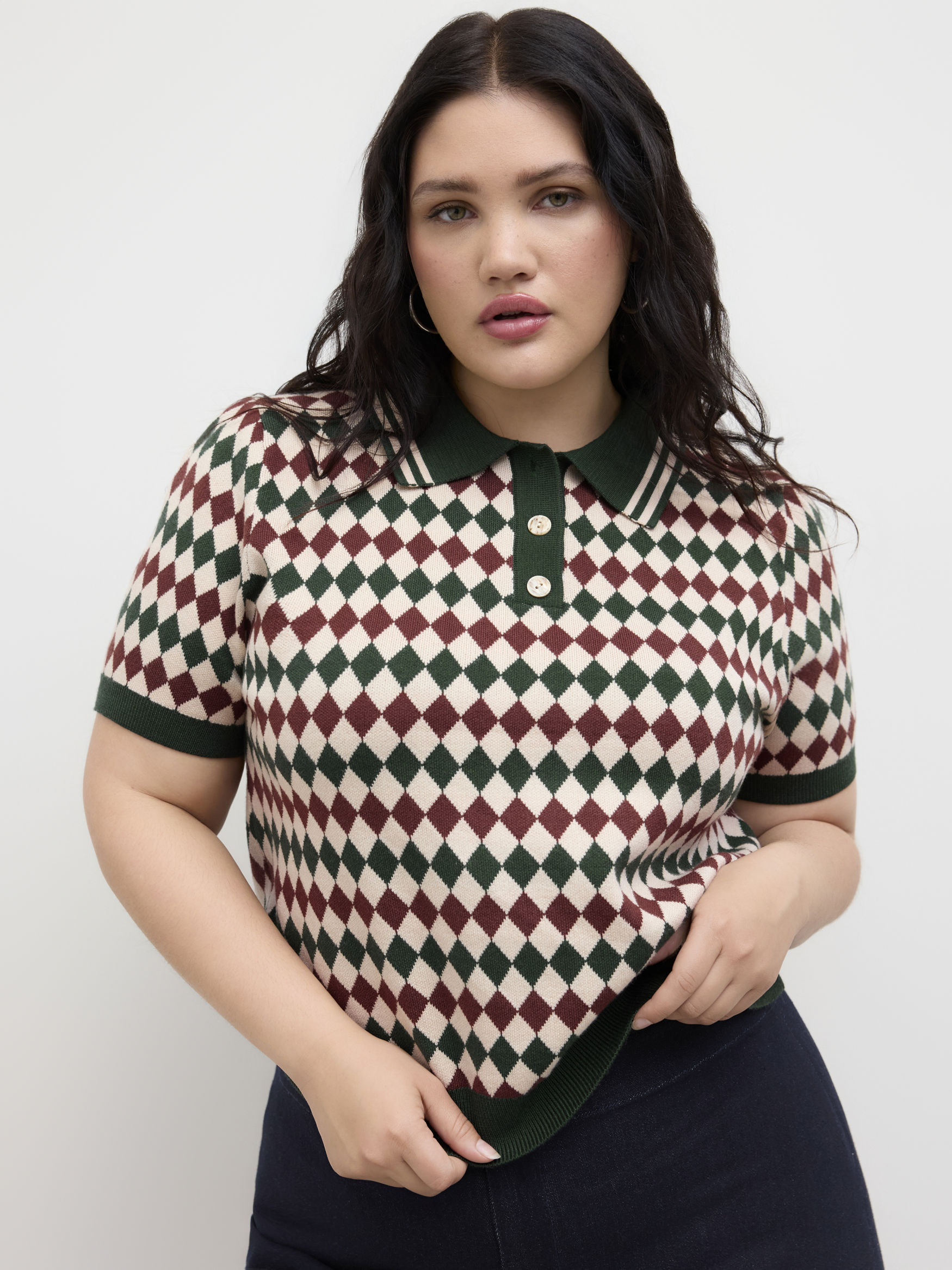 Strickstoff Strick-Polo-Hals-Argyle-Kurzärmliges Oberteil Kurve & Plus For Lässige Alltagskleid... | Cider