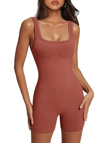AUTOMET Women's One Piece Jumpsuits Short Bodysuit Workout Rompers Summer Outfits Gym Yoga Beach Fashion Clothes 2025 Brown M | Amazon (US)