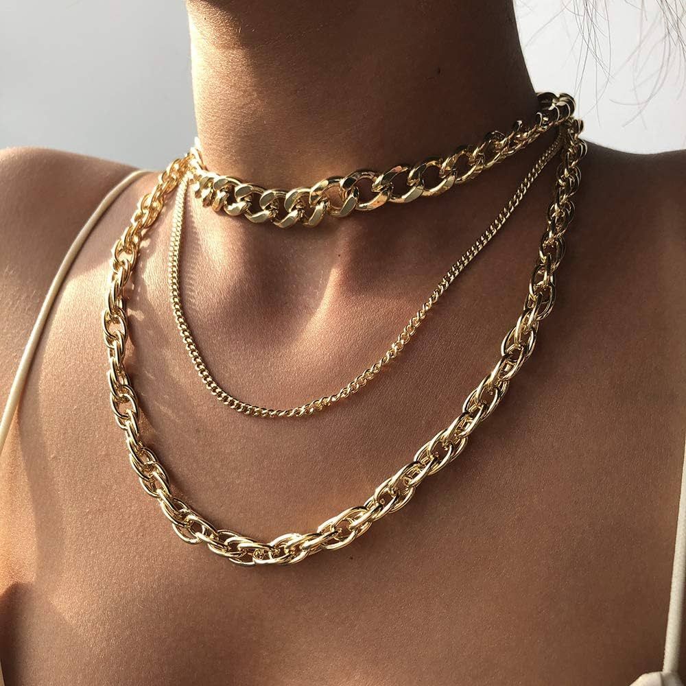 JWICOS Gold Miami Cuban Link Chain for Women and Girls Chunky Chain Necklace with Three Layer Boho B | Amazon (US)