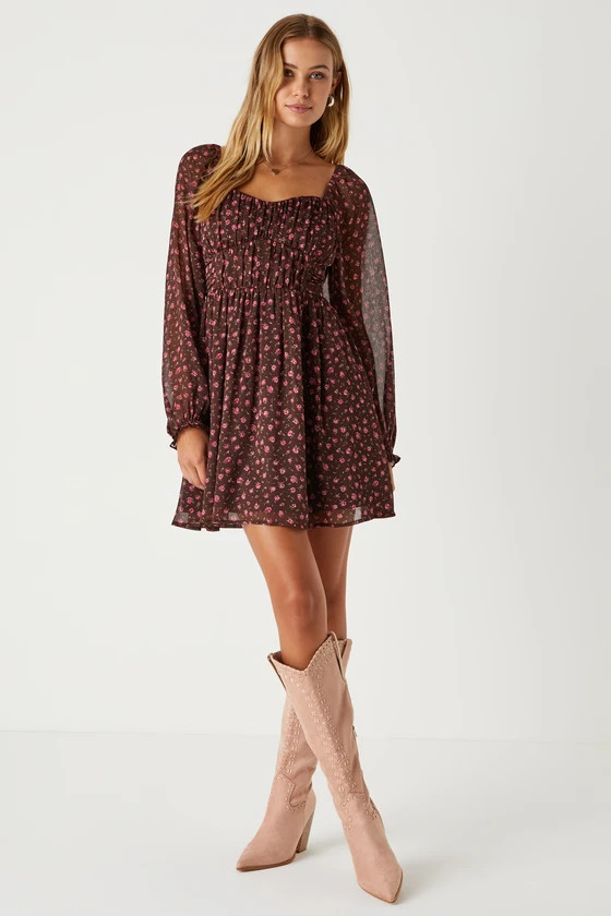 Perfect Afternoon Brown Floral Chiffon Skater Mini Dress | Lulus