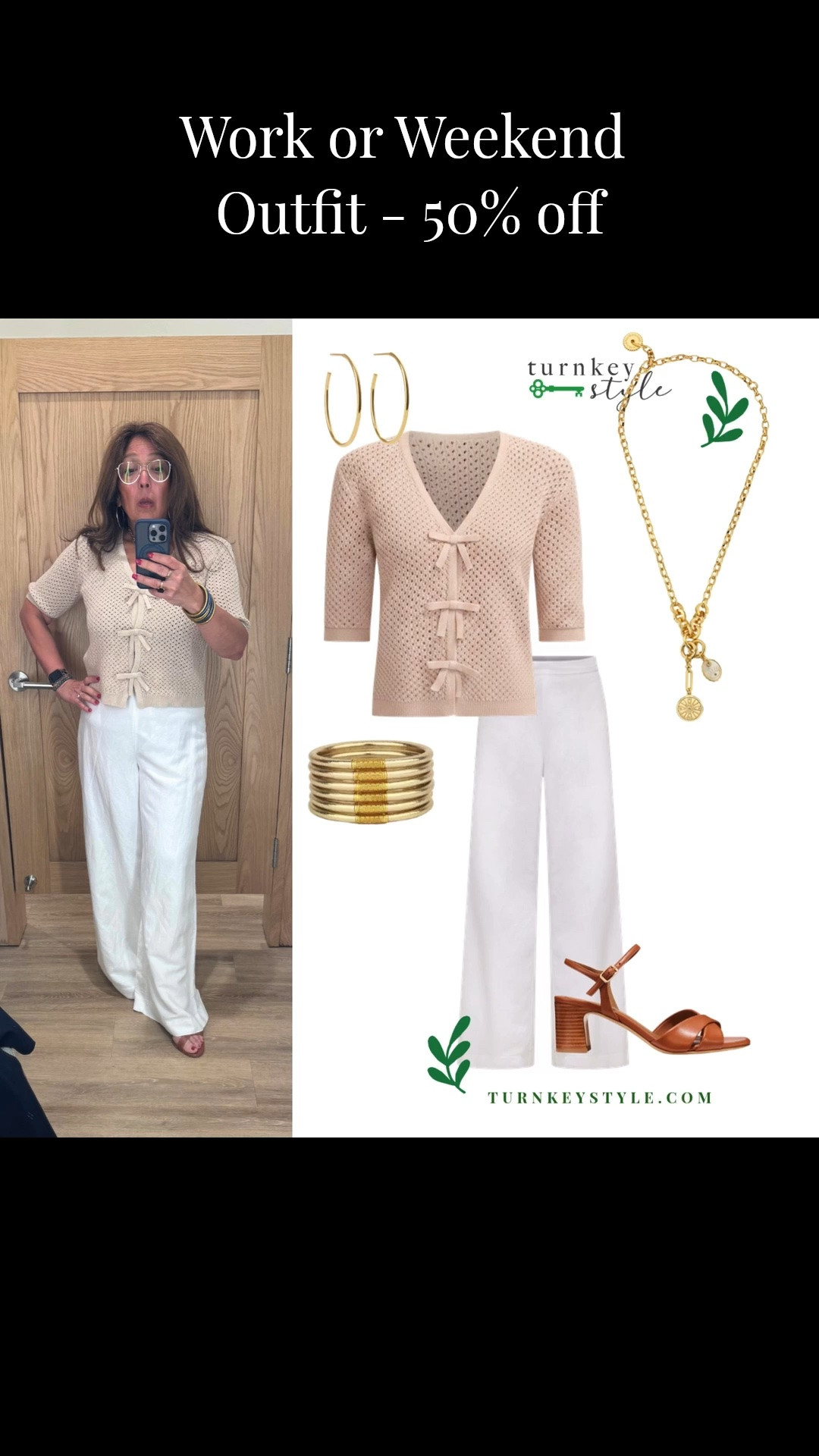 Love this cardigan sweater with bows. It’s lightweight and can be worn for work or weekend. 
Plus, it’s 50% off along with the palazzo linen pants. The pants are so comfortable. 
I’m Elisa, a wardrobe stylist, founder of Turnkey Style, and author of The Style Advantage: I Say What HR Can’t. I work with one on one with professional women as well as leaders and corporate teams so they show up authentically, on brand, and with confidence. 
I’m also a mom of two grown boys, a wife, a post-menopausal woman in business, 5’4”, a size 12/14 on the bottom and L on top. 
I’ve been everything from a size 10–18+, which is why fit, function, and real life always come first.

#LTKootd #LTKSaleAlert #LTKWorkwear