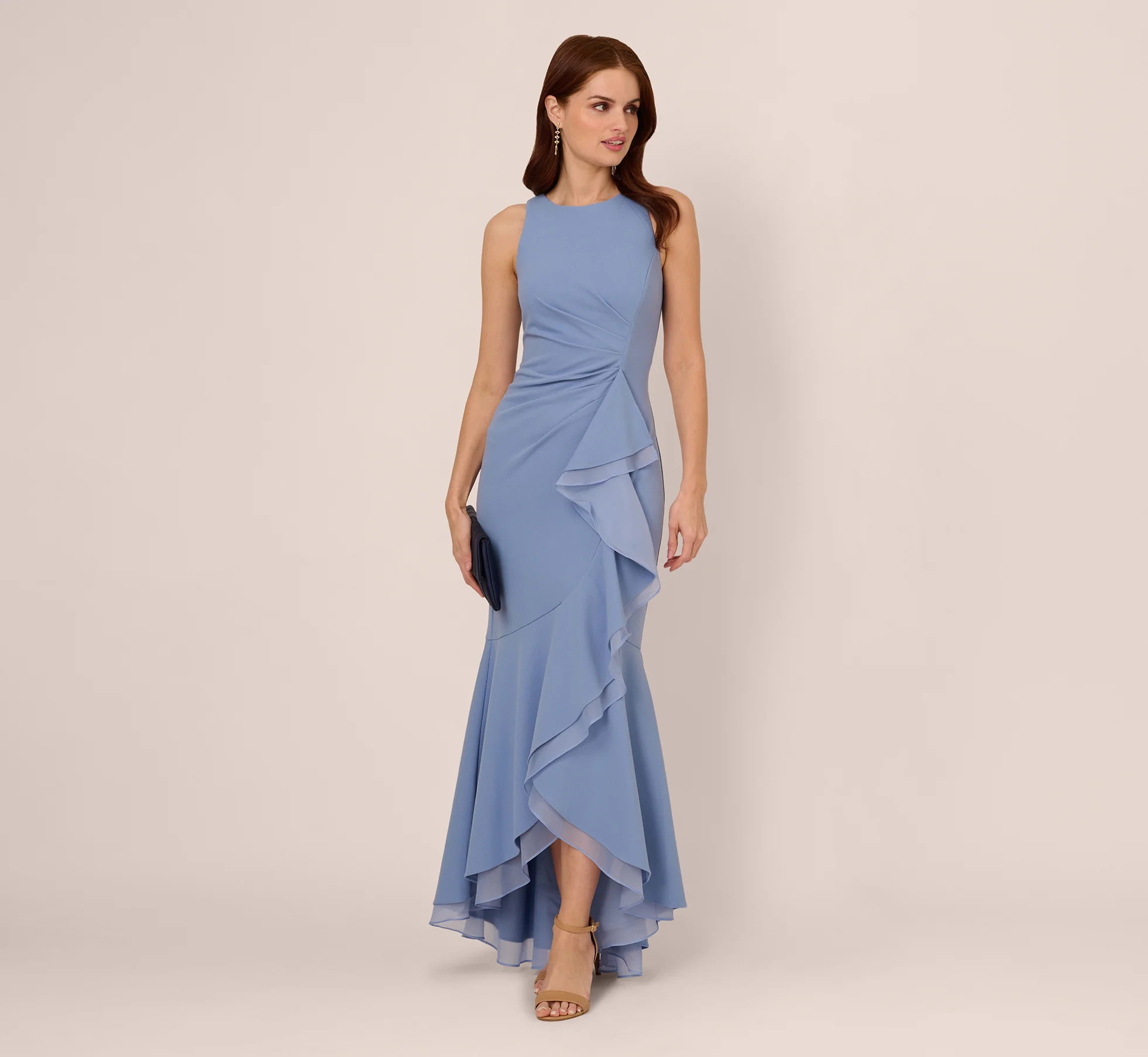 High Low Crepe Halter Gown With Organza Draping In French Blue | Adrianna Papell