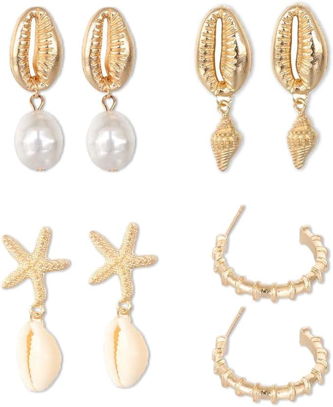 Sixexey Boho Seashell Earrings Gold Starfish Earring Set Pearl Stud Earrings Shell Summer Beach E... | Amazon (US)
